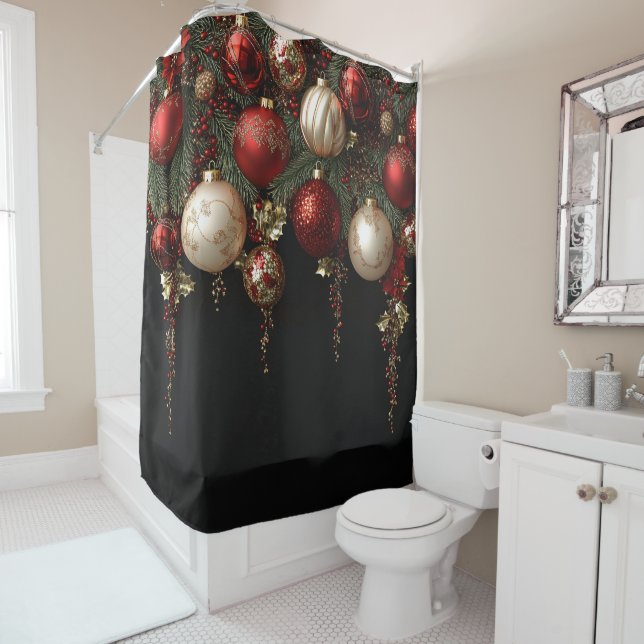 Christmas Ornaments Gold Holly Pine Branches Shower Curtain (In Situ)