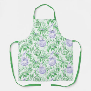 Christmas ornaments green purple toile apron