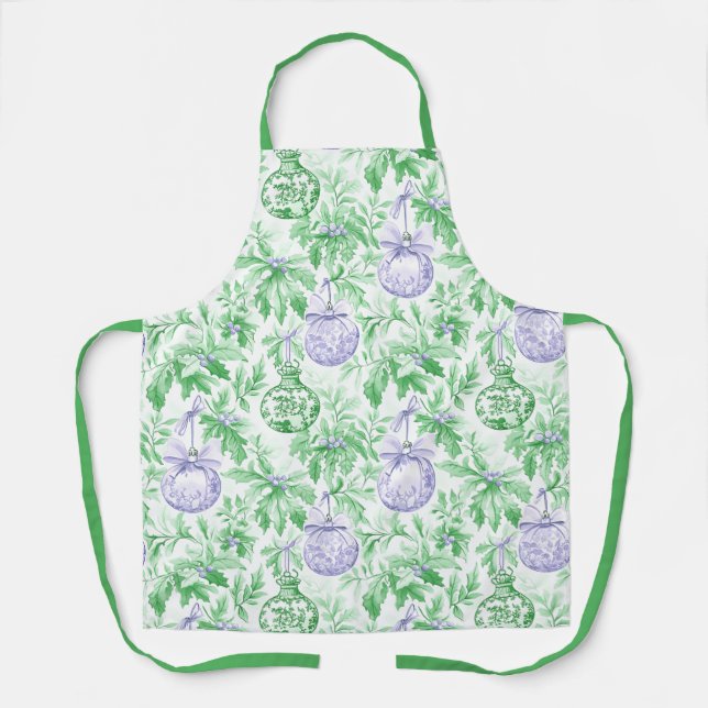 Christmas ornaments green purple toile apron (Front)