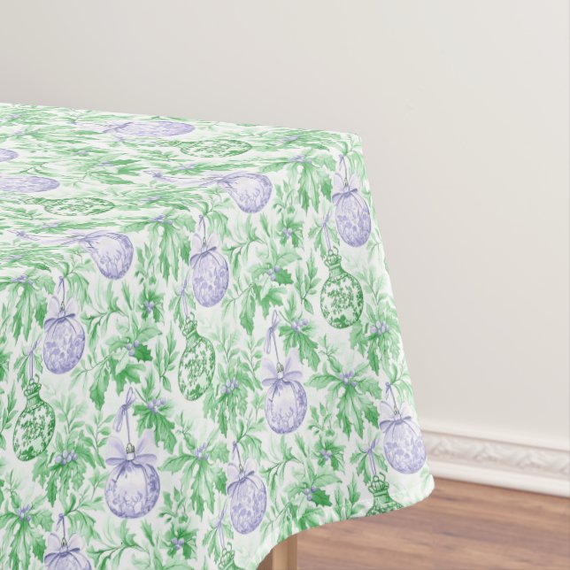 Christmas ornaments green purple toile paper tablecloth (In Situ)