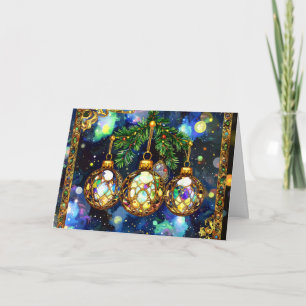 Christmas ornaments hanging from the tree branches holiday card