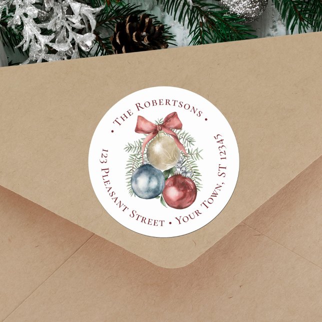 Christmas Ornaments Holiday Return Address Classic Round Sticker (Creator Uploaded)