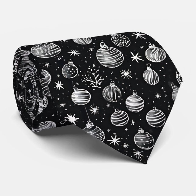 Christmas Ornaments In Black & White Line Art Tie (Rolled)