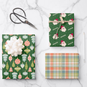 Christmas Ornaments, Jolly Old St. Nick, and Plaid Wrapping Paper Sheet