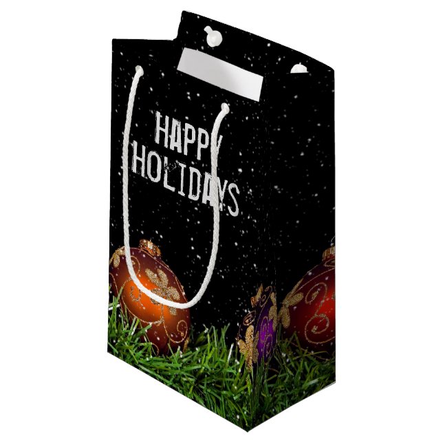 Christmas ornaments on black small gift bag (Front Angled)