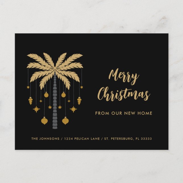 Christmas Ornaments on Palm Tree New Home   Announcement Postcard (Front)