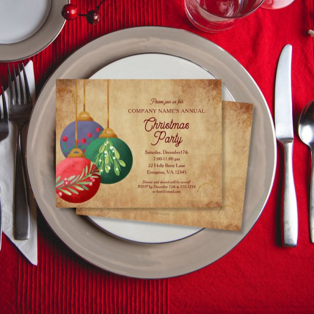 Christmas Ornaments on Parchment Elegant Party Invitation (Creator Uploaded)