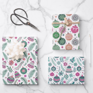 Christmas Ornaments Patterns in Pink, Green Wrapping Paper Sheet