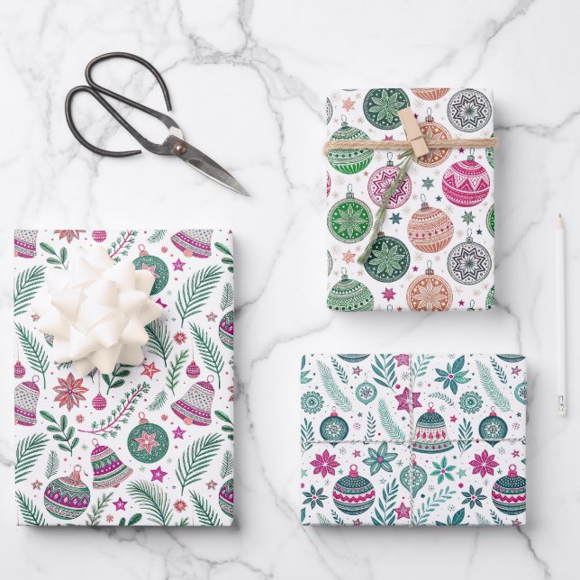 Christmas Ornaments Patterns in Pink, Green Wrapping Paper Sheet (Front)