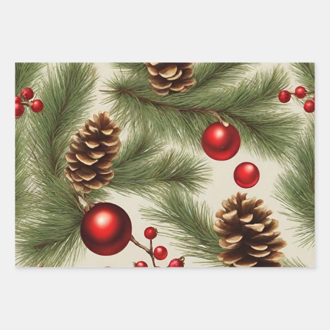 Christmas Ornaments, Pine Cones, Pine Branches Wrapping Paper Sheet (Front)