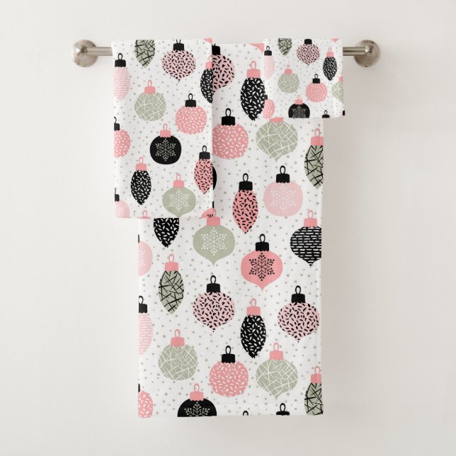 Christmas Ornaments Pink & Green White Background Bath Towel Set (Insitu)