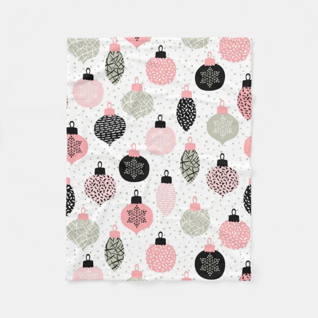 Christmas Ornaments Pink & Green White Background Fleece Blanket (Front)