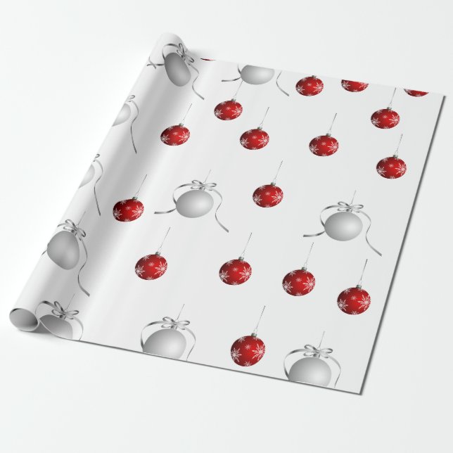 Christmas Ornaments Red and Silver Wrapping Paper (Unrolled)
