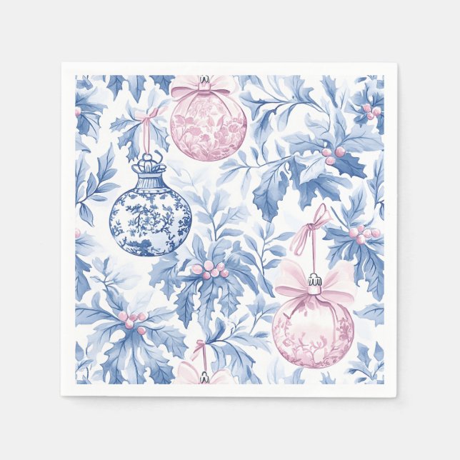 Christmas ornaments soft blue pink toile napkin (Front)