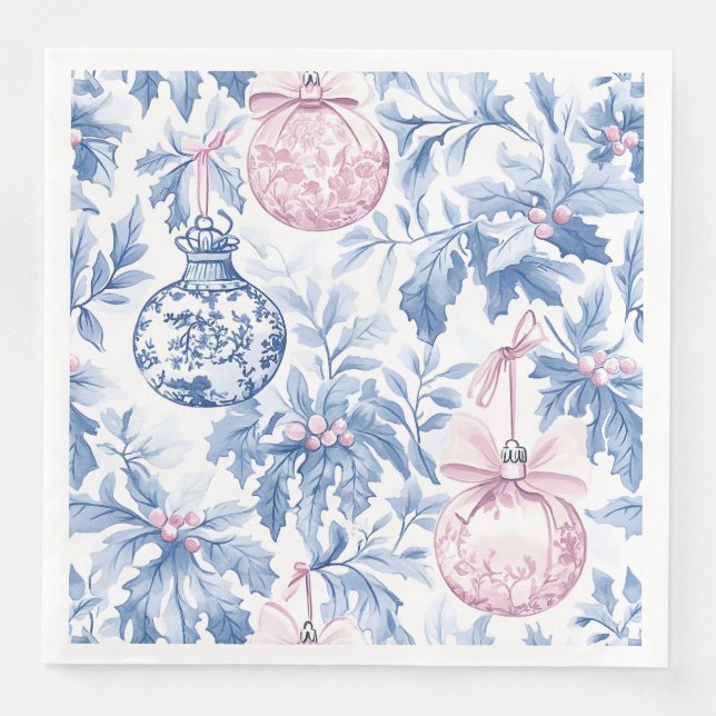 Christmas ornaments soft blue pink toile napkin (Front)