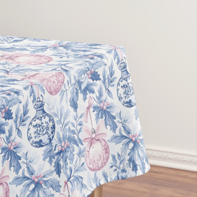 Christmas ornaments soft blue pink toile paper tablecloth (In Situ)