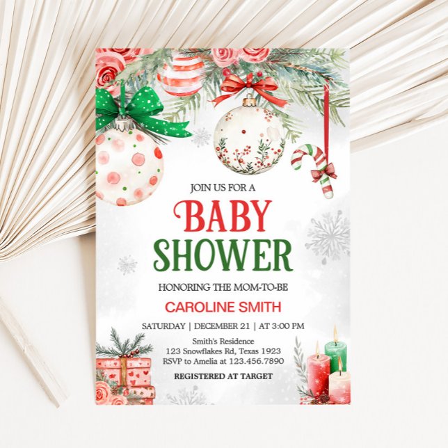Christmas Ornaments Winter Baby Shower Invitation (Red Green Christmas Ornaments Winter Baby Shower Invitation )