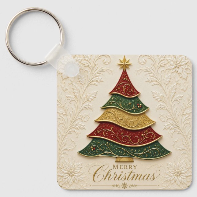 Christmas Ornate Gold Enamel Tree Key Ring (Front)