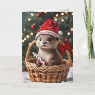 Christmas otter baby in a basket holiday card