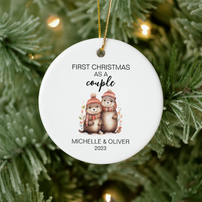 Christmas Otter Couple Personalised Ceramic Ornament (Tree)