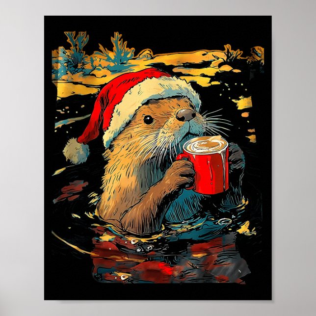 Christmas Otter Drinks Coffee Art Print  (Front)