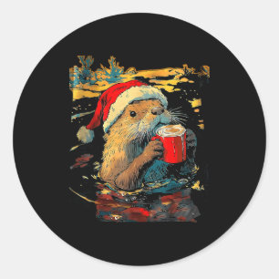 Christmas Otter Drinks Coffee Art Print  Classic Round Sticker