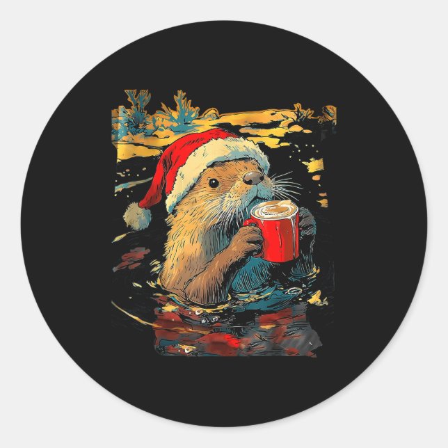 Christmas Otter Drinks Coffee Art Print  Classic Round Sticker (Front)