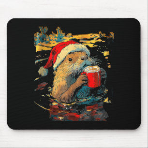Christmas Otter Drinks Coffee Art Print Mouse Pad