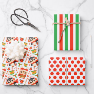 Christmas Owl and Penguin Wrapping Paper Set of 3