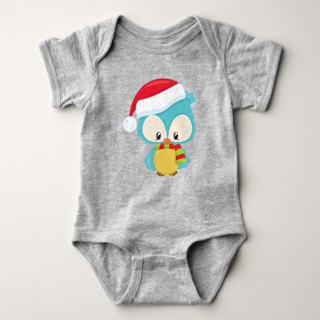 Christmas Owl, Cute Owl, Santa Hat, Scarf, Xmas Baby Bodysuit (Front)