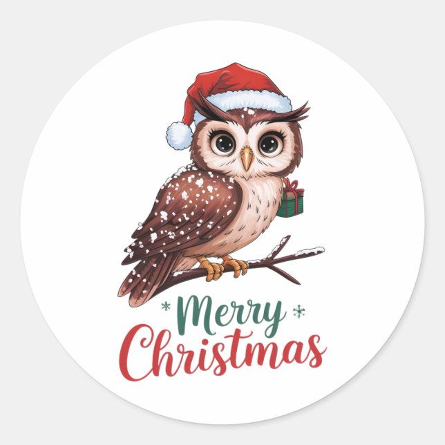 Christmas Owl Festive Design Merry Christmas  Classic Round Sticker (Front)