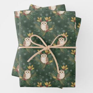 Christmas Owl, Holly Berry and Snowflakes Green Wrapping Paper Sheet