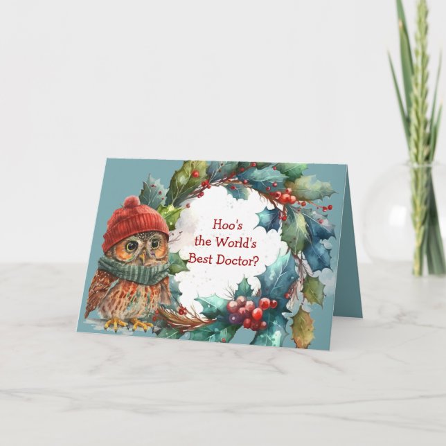 Christmas Owl & Holly Berry Wreath for Doctor Holiday Card (Front)
