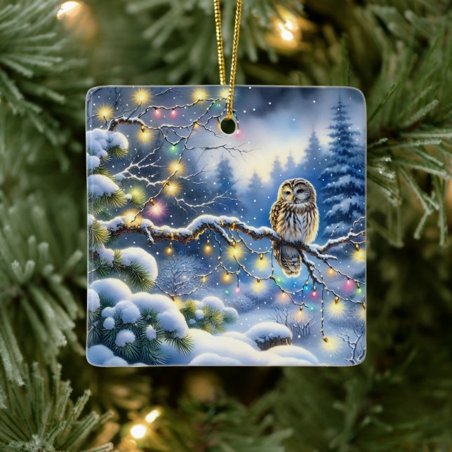 Christmas Owl in a Magical Winter Forest Ceramic Ornament (Tree)