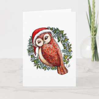 Christmas Owl in a Santa Hat Holiday Card