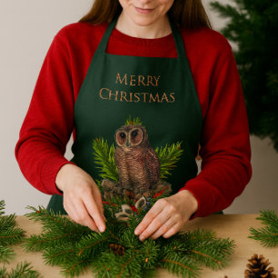 Christmas Owl Nature and Wildlife Holiday Green  Apron