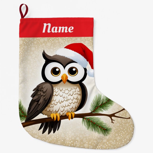 Christmas Owl on a Gold Background Large Christmas Stocking (Front)