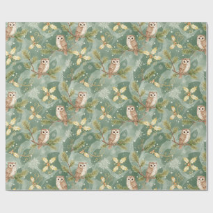 Christmas Owl on Evergreen Branch Green Wrapping Paper