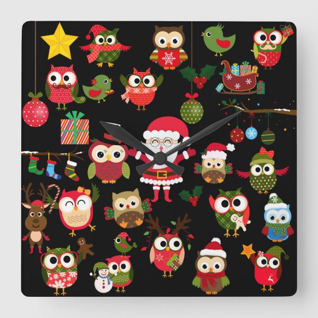 Christmas Owl Pattern Square Wall Clock (Front)