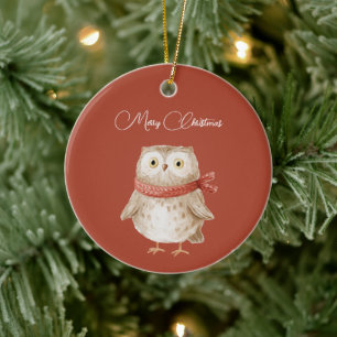 Christmas Owl Red Robin Bird Ceramic Ornament