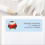 Christmas Owl Return Address Label<br><div class="desc">Adorable illustration of a cartoon brown owl wearing a red polka dot scarf,  perched on a tree branch on a blue snowy background.</div>