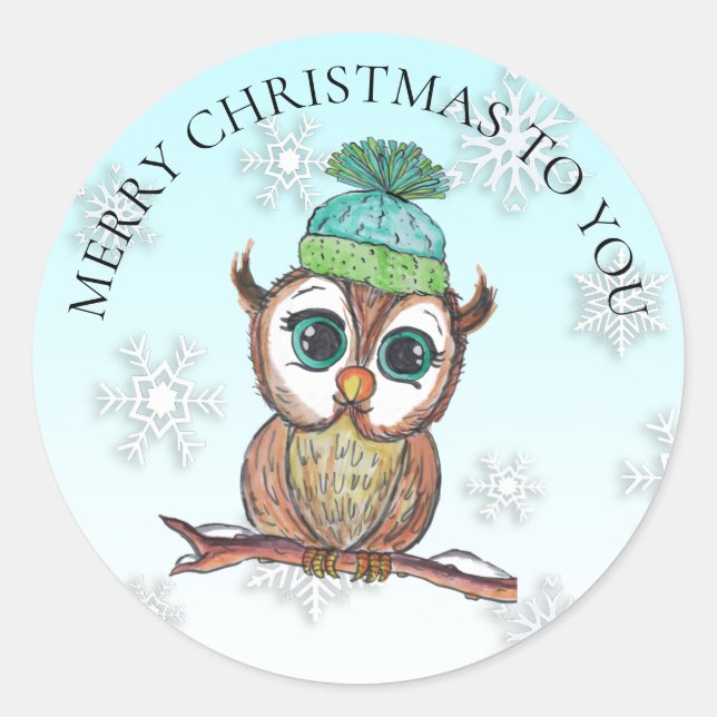 Christmas Owl sitting on Branch Holiday Classic Round Sticker (Front)