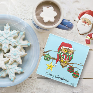 Christmas Owl Tree Ornaments Glass Coaster