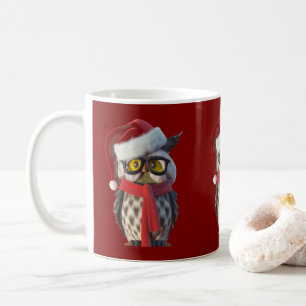 Christmas Owl Wearing Santa Costume and Red Scarf Coffee Mug