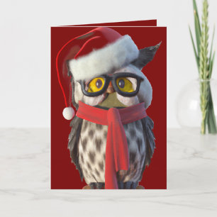 Christmas Owl Wearing Santa Costume and Red Scarf Holiday Card