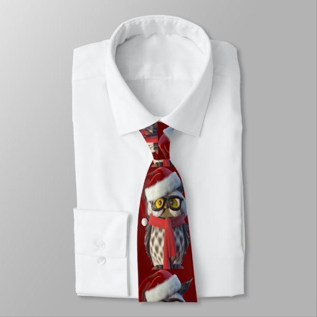 Christmas Owl Wearing Santa Costume and Red Scarf  Tie (Tied)