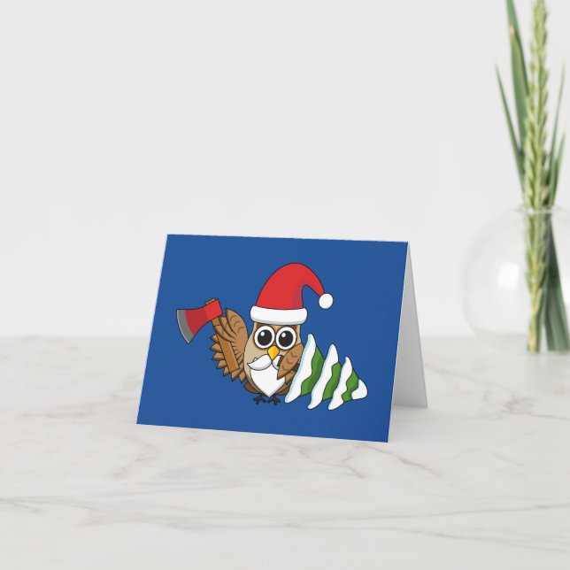 Christmas Owl with Axe and Snowy Pine Tree Card (Front)