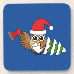 Christmas Owl with Axe and Snowy Pine Tree Coaster