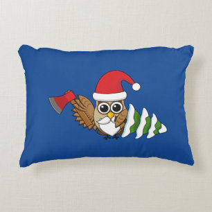 Christmas Owl with Axe and Snowy Pine Tree Decorative Cushion