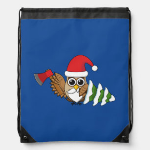 Christmas Owl with Axe and Snowy Pine Tree Drawstring Bag